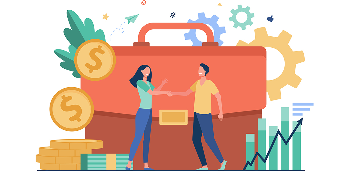 Девужка и мужчина стоят возле портфеля с деньгами