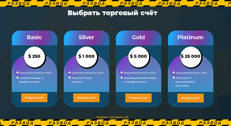 Типы счетов брокера-мошенника Grandis Capital Trade 